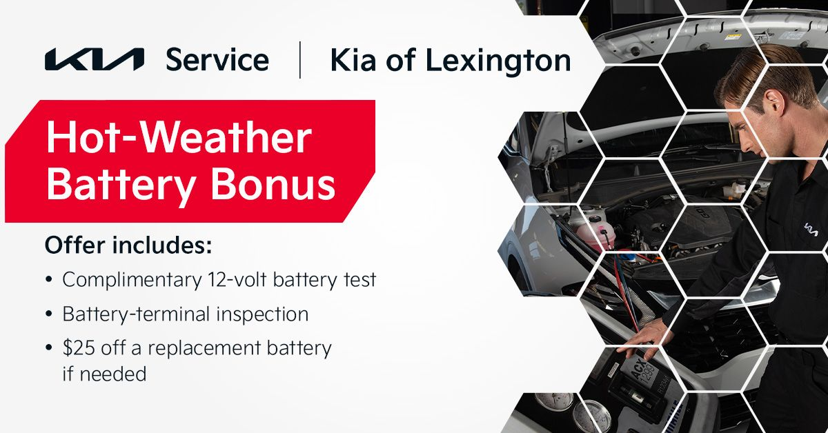 Hot-Weather Battery Bonus, complimentary 12-volt battery test, battery-terminal inspection, $25 off a replacement battery if needed