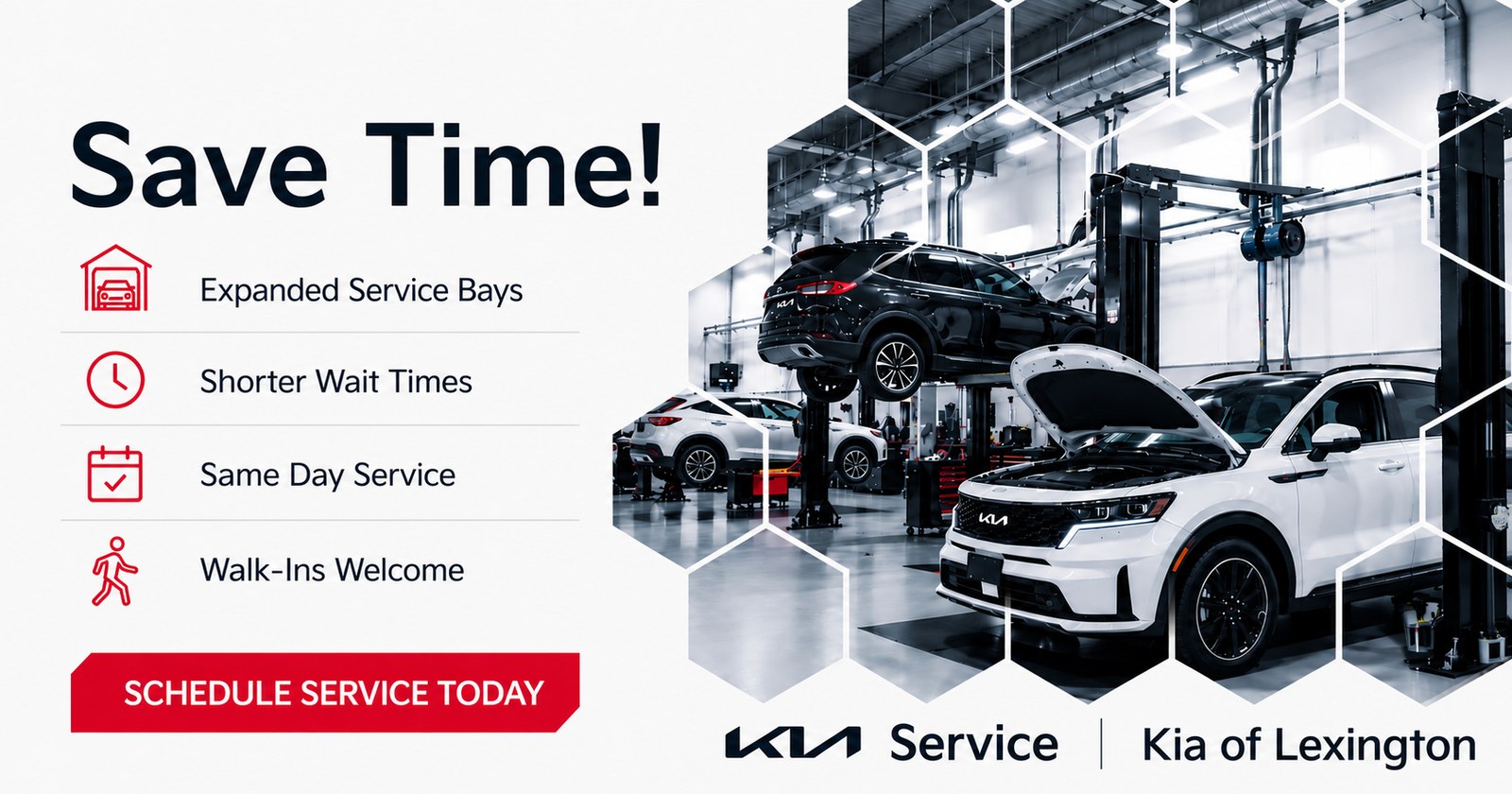 Save Time at Kia of Lexington Service, expanded service bays, shorter wait times, same day service, walk-ins welcome